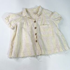 We The Free Linen Blend Blouse Womens Large Cropped Sea Striped Frayed Hem Top